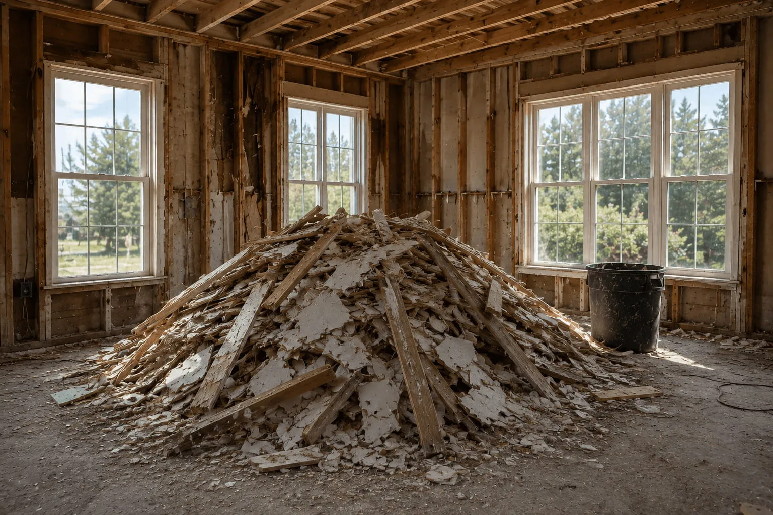 Construction debris pile inside a residential remodel